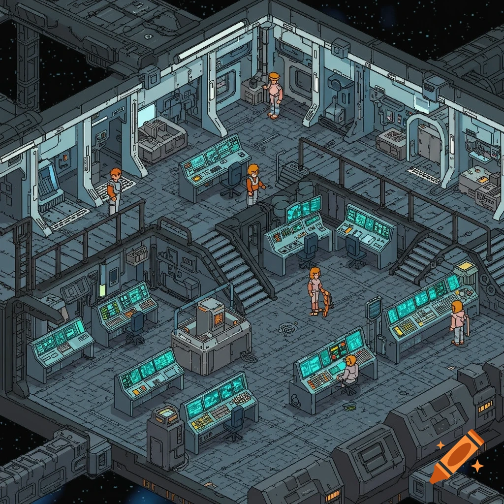 Isometric pixel art of a space station interior control room with crew, desks, and glowing computer screens.