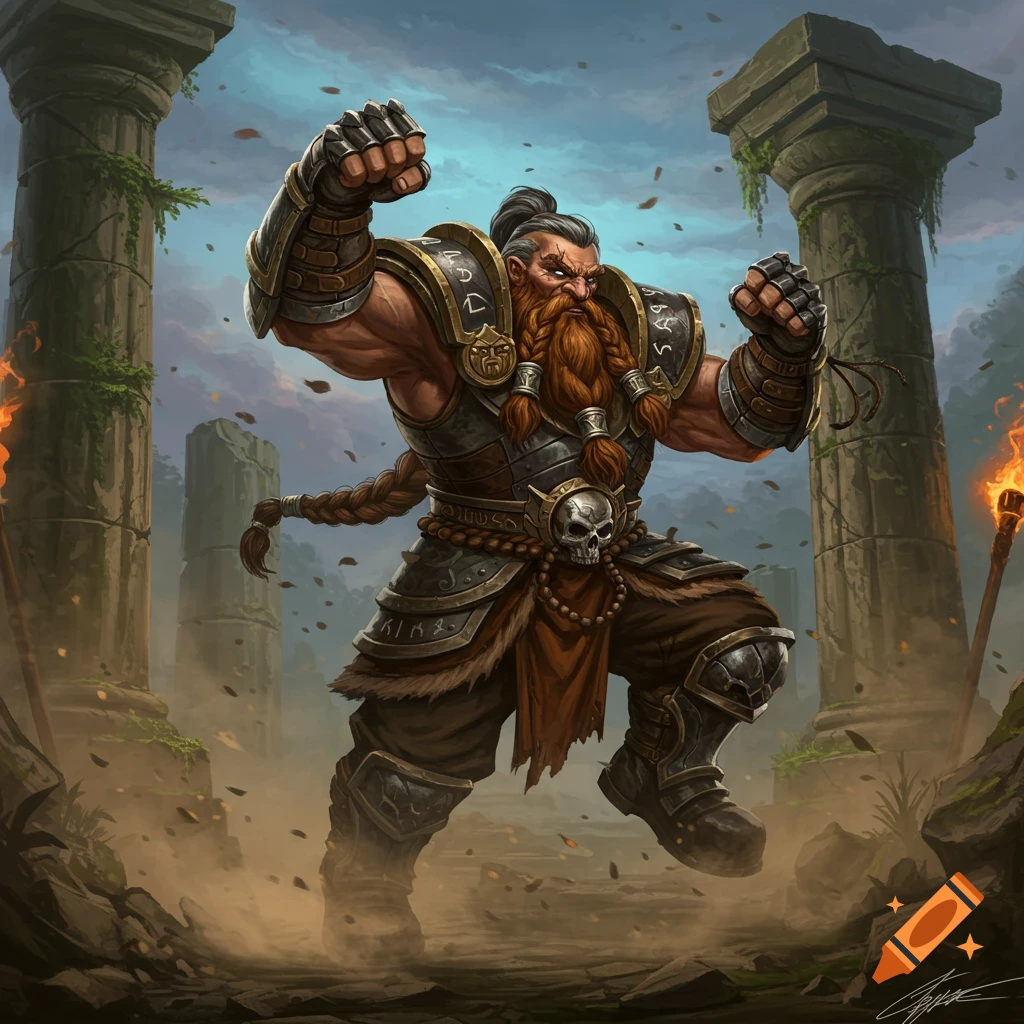 A powerful fantasy dwarf warrior with a braided red beard and armored fists, standing defiantly amidst ancient ruins.