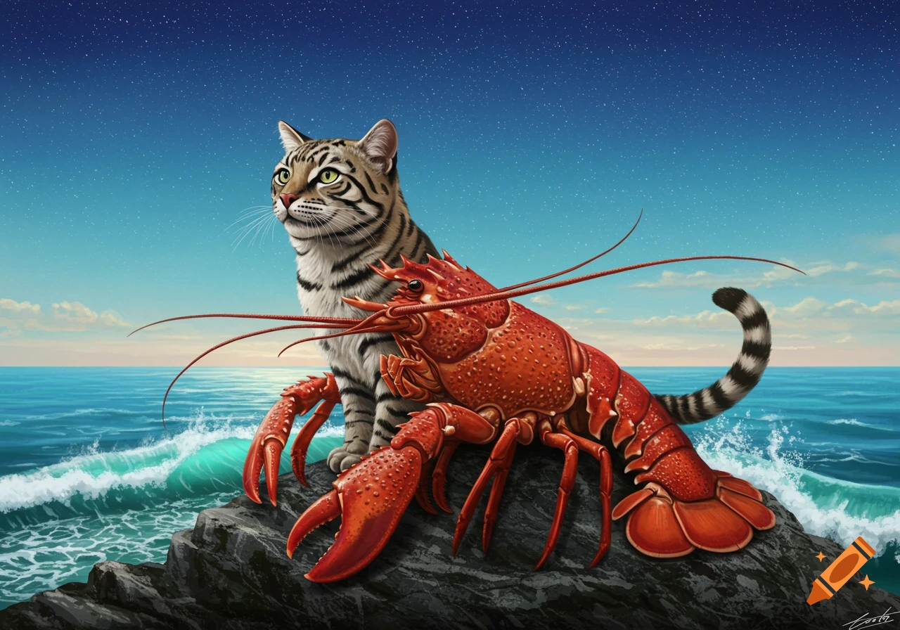 A tabby cat fused with a red lobster sits on a rocky ocean shore under a starry sky.