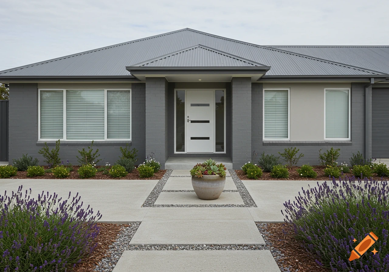 Modern grey house with a white front door and grey roof, surrounded by a concrete path, lavender, and succulents in a pot.