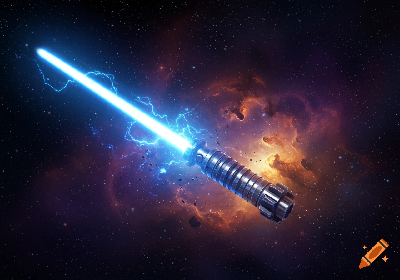 A blue lightsaber glowing brightly against a vibrant space background with stars and nebulae.