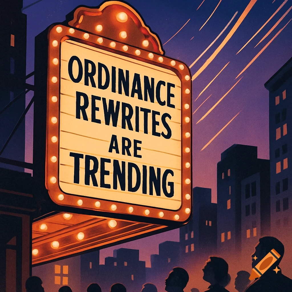 Illustration of a brightly lit marquee sign in a city at night, displaying 'Ordinance Rewrites are Trending,' with people below.