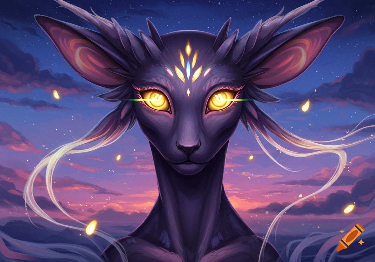 A sleek, dark fantasy creature with glowing golden eyes and rainbow forehead highlights, against a starry purple-orange sunset sky.