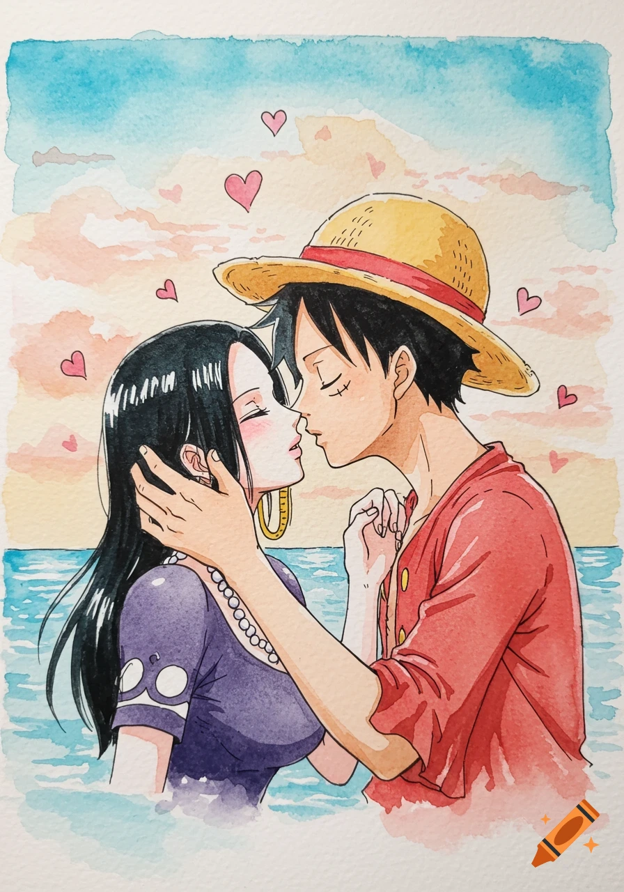 Watercolor painting of anime characters Luffy and Hancock kissing in the water, with hearts floating around them.