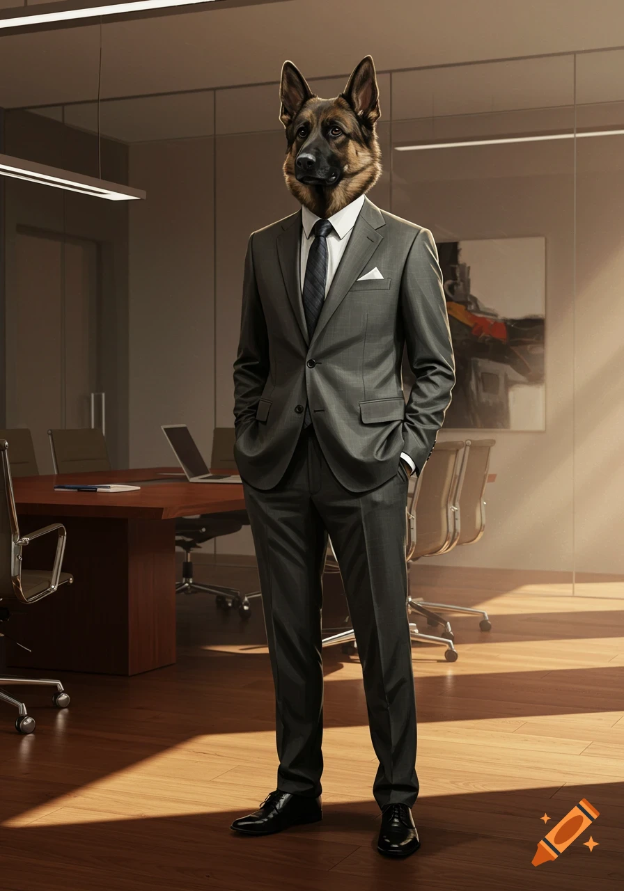 A photorealistic German Shepherd in a gray business suit stands in a modern office.