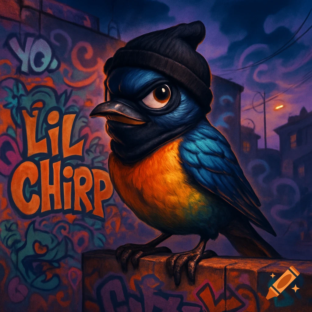 A cartoon bird with a black beanie, black mask, and blue and orange feathers stands on a graffiti-covered wall, with 'LIL CHIRP' and 'YO.' in graffiti style.
