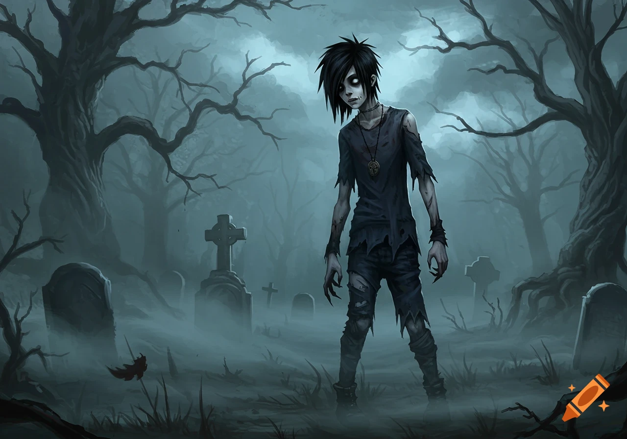 A stylized emo zombie boy with black hair and tattered clothes stands in a foggy graveyard with tombstones and bare trees.