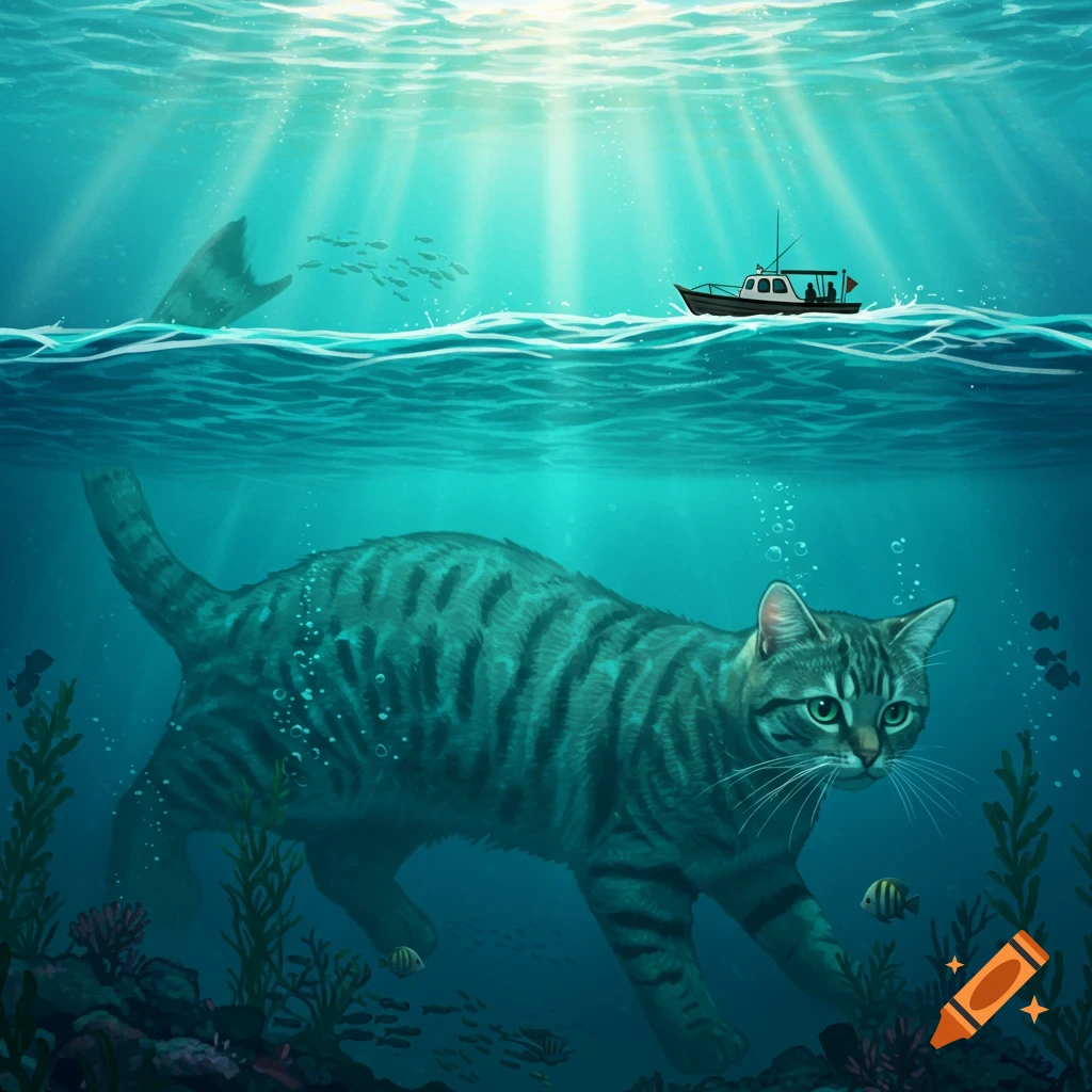 A giant tabby cat swims underwater with small fish and coral, as a boat and shark fin are visible on the surface.