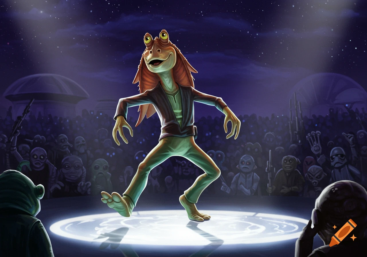 Jar Jar Binks moonwalking on a spotlighted stage in front of a diverse alien audience under a starry night sky, illustration.