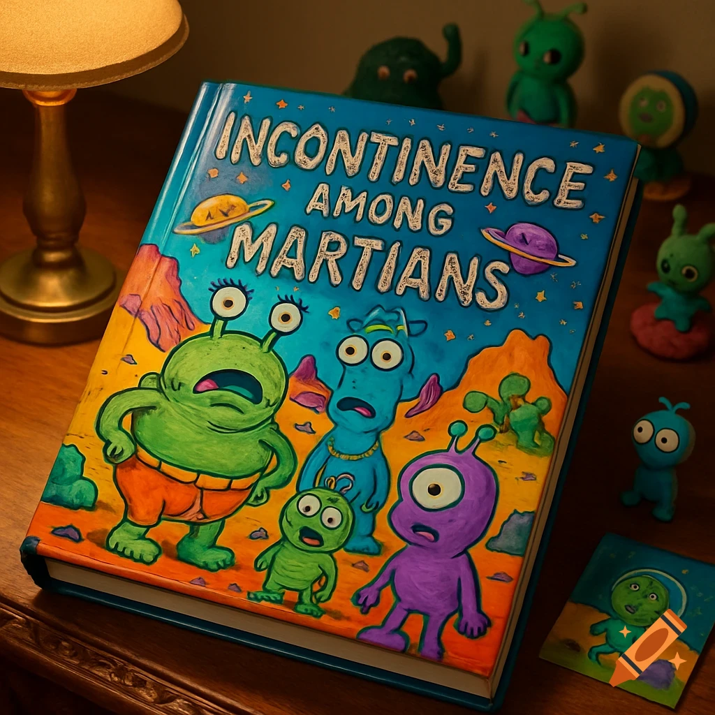 Close-up of a colorful illustrated book titled 'INCONTINENCE AMONG MARTIANS' on a wooden table, featuring cartoon aliens looking distressed.