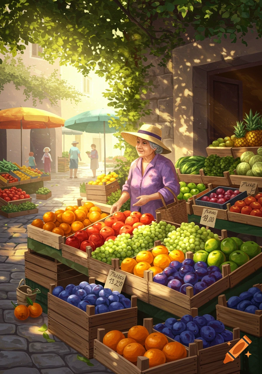 A colorful illustration of an old woman selling fruits at a sunny outdoor market, with various crates of fresh produce.