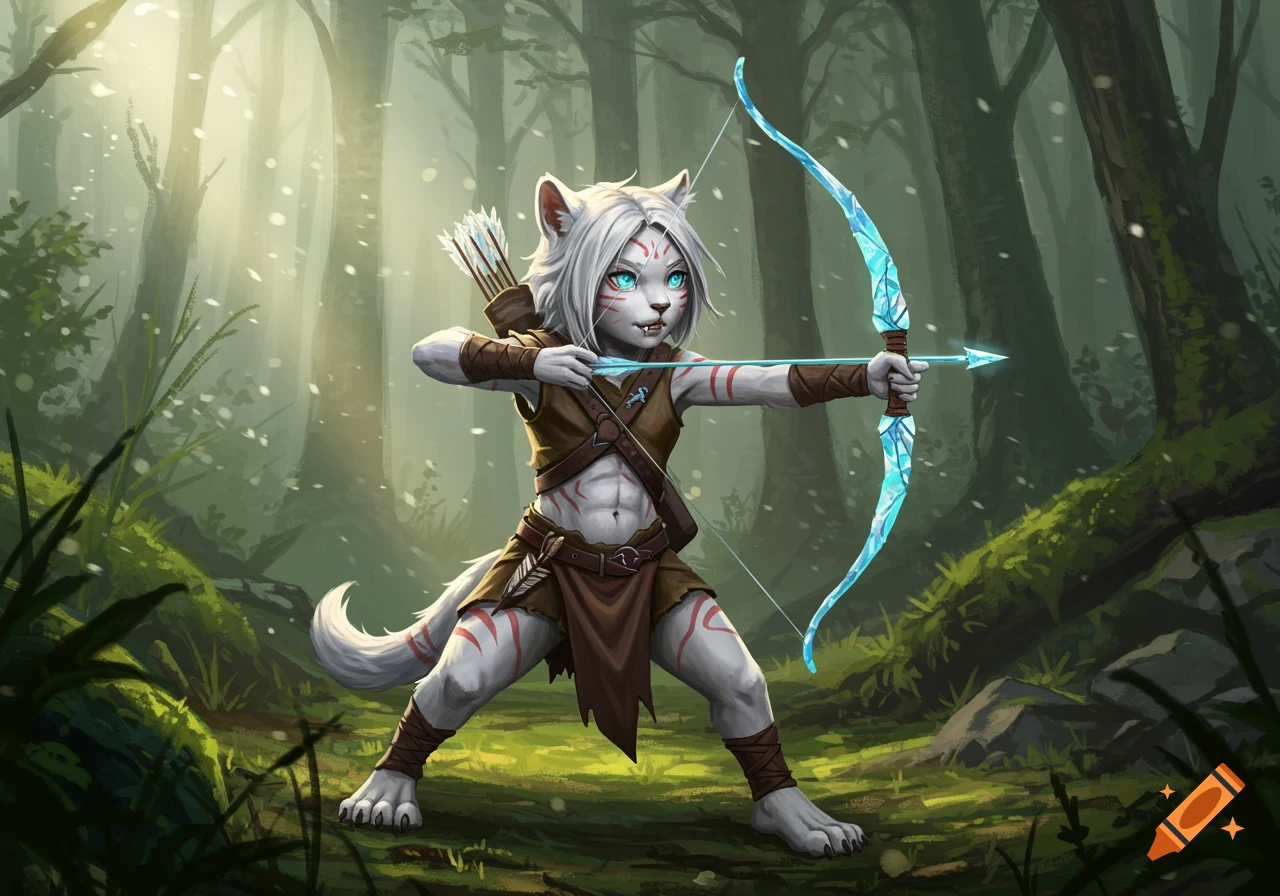 A white anthropomorphic tiger-like archer with blue eyes draws a glowing blue bow in a sunlit forest, detailed fantasy art.