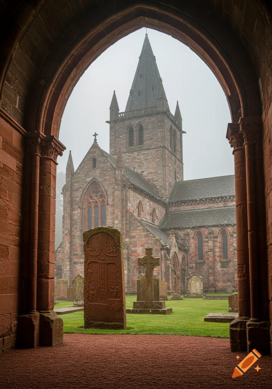 View through a stone archway to an ancient reddish sandstone cathedral and graveyard on a misty day.