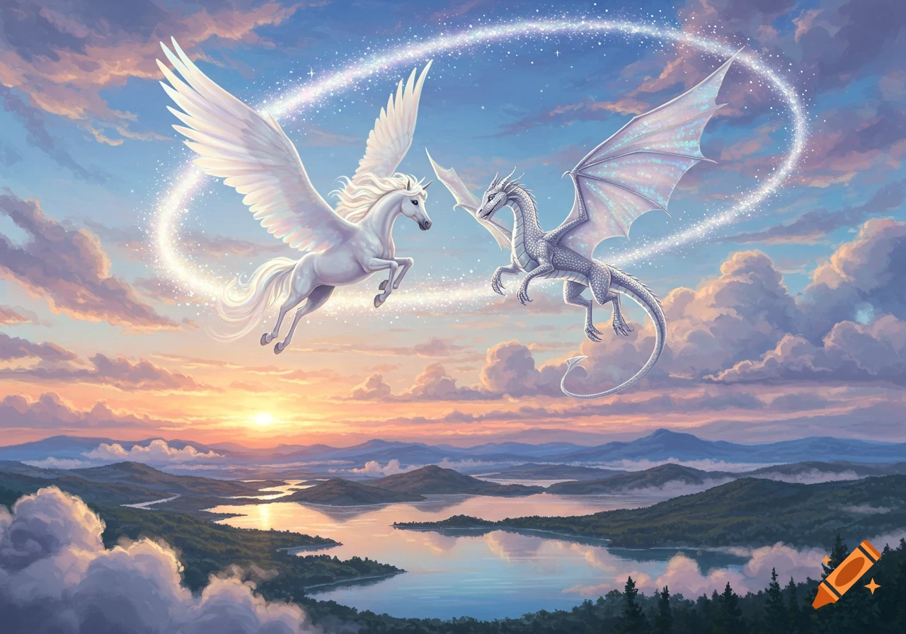 A white Pegasus and a white dragon fly in a sparkling sunset sky over mountains and a lake.