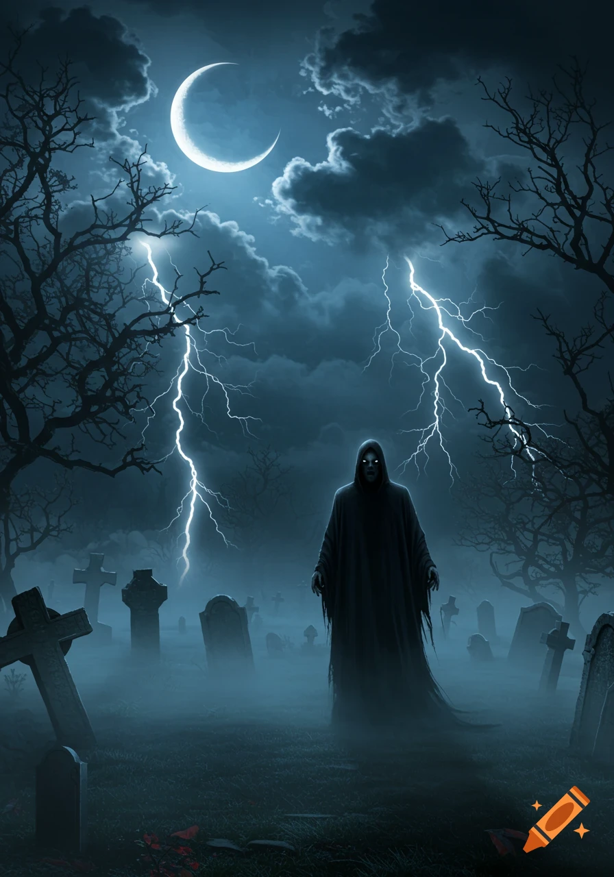 A hooded figure with glowing eyes stands in a foggy graveyard at night, with lightning, bare trees, and a crescent moon.