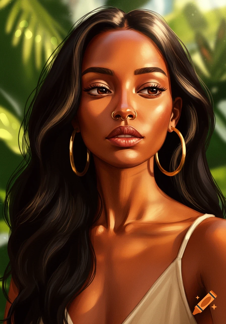 Digital illustration of a young woman with long dark hair, brown skin, gold hoop earrings, and a nose ring against a green background.