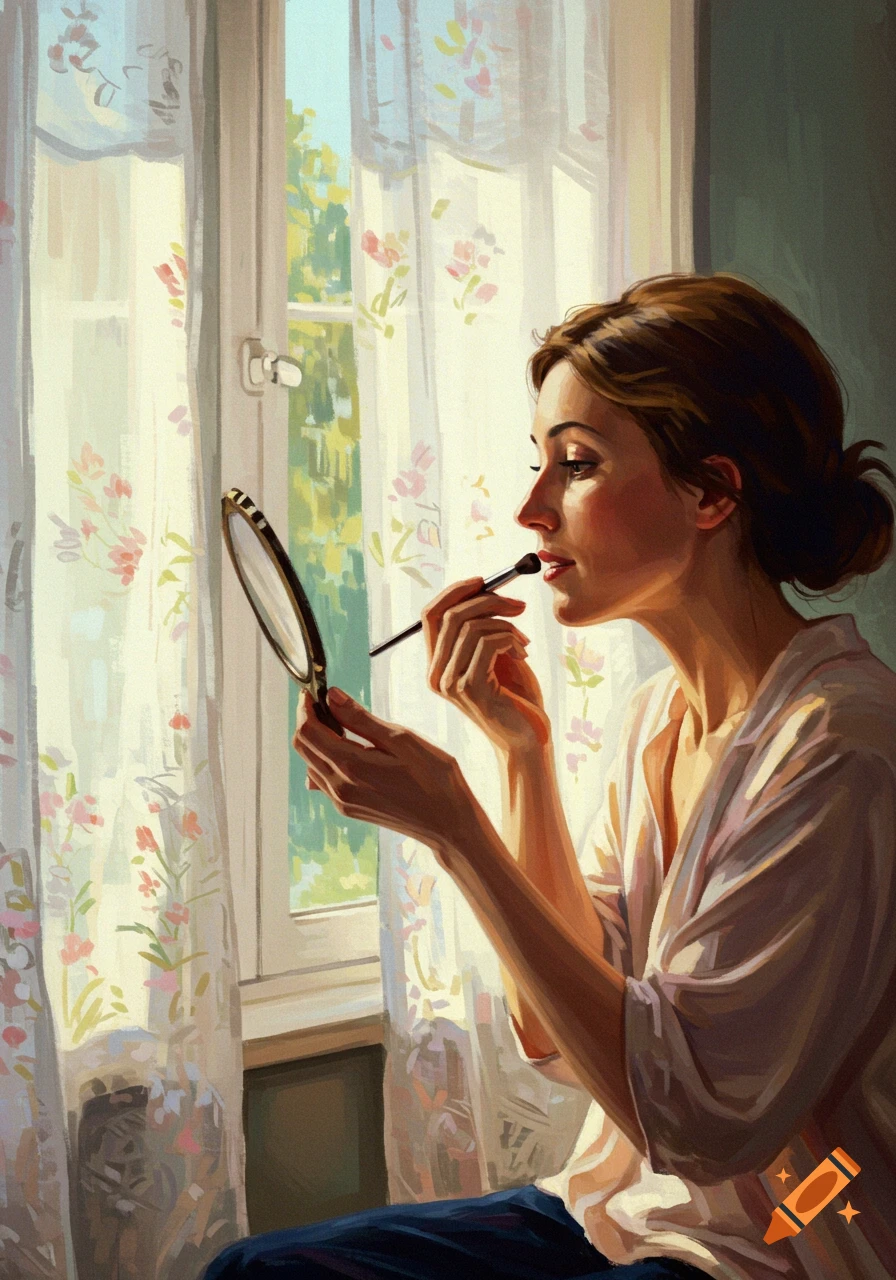 Impressionistic painting of a woman applying makeup by a sunny window with floral curtains.