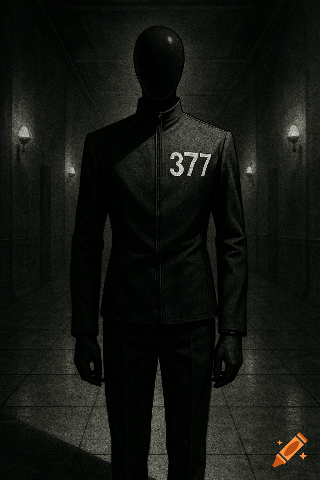 A faceless figure in a black uniform with '377' on the chest stands in a dark, dimly lit hallway, creating a horror aesthetic.