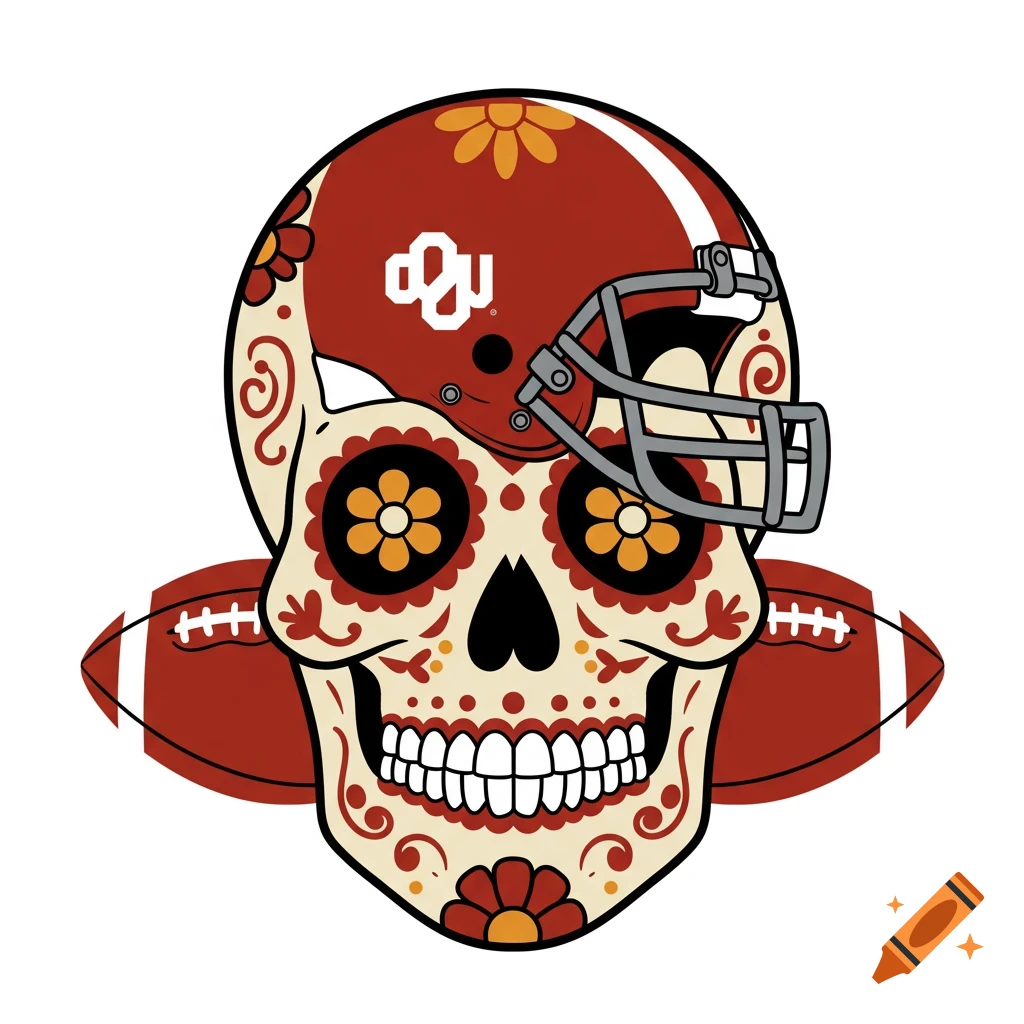 Stylized illustration of a sugar skull wearing a red Oklahoma University football helmet, with a football on each side.