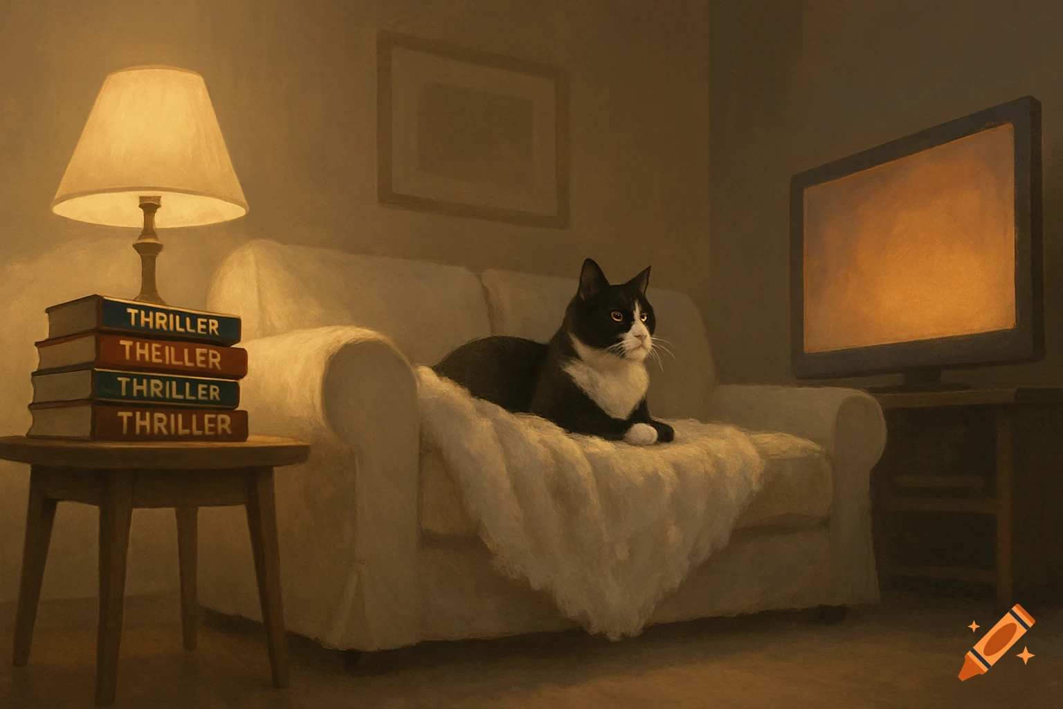 A black and white cat on a white couch in a dimly lit living room with thriller books and a TV, painterly style.