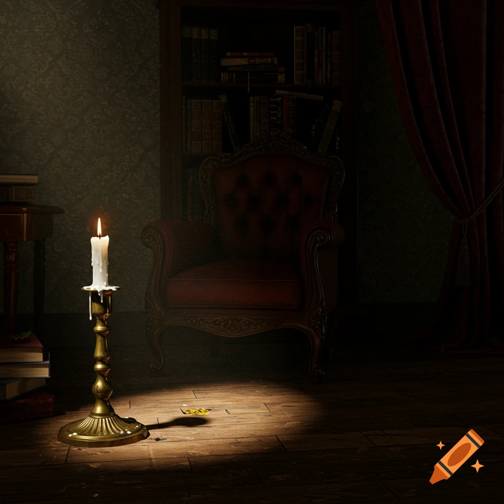 A lit candle on a brass holder illuminates a dark, vintage room with a red armchair, bookshelf, and curtain.