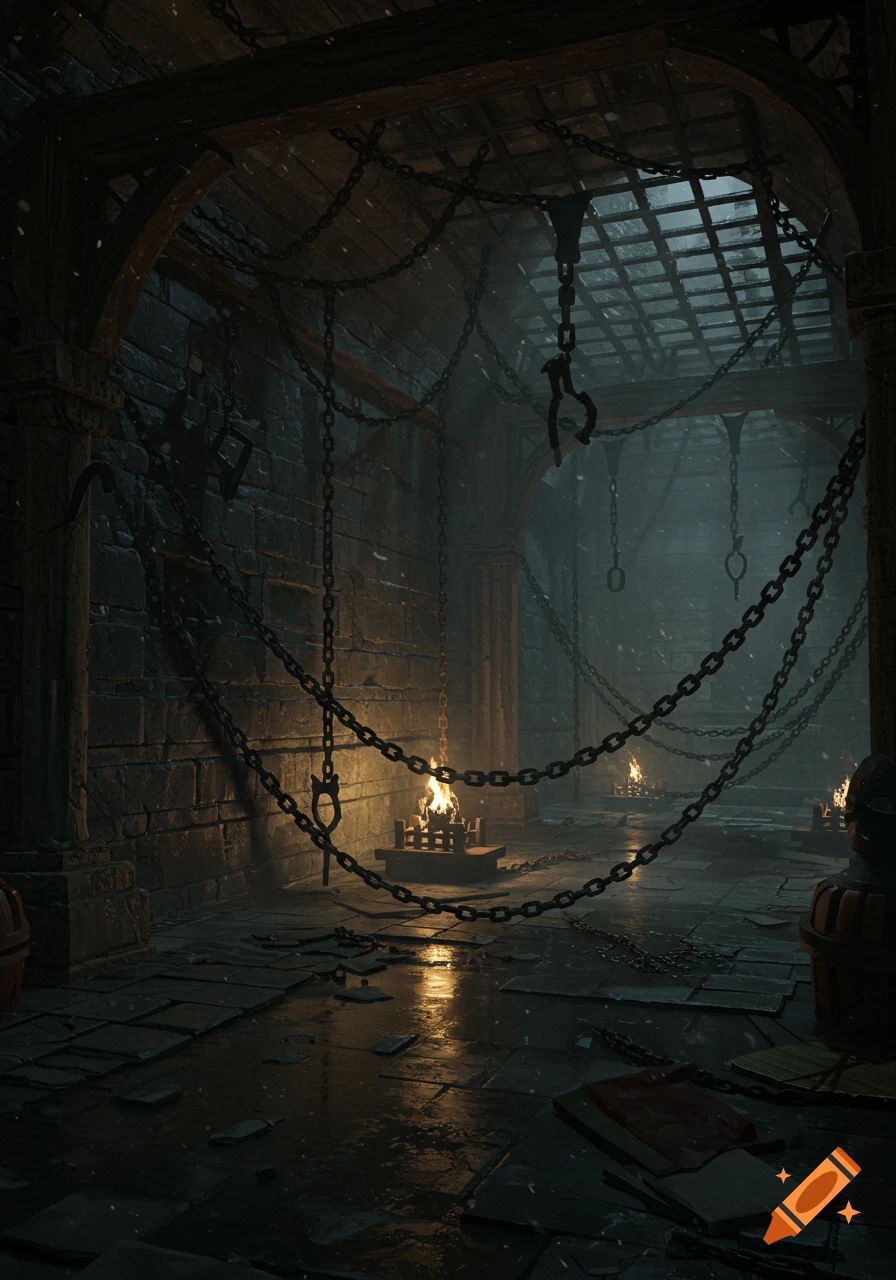 A dimly lit stone dungeon with chains and manacles hanging from the ceiling and walls, with small fires providing light.