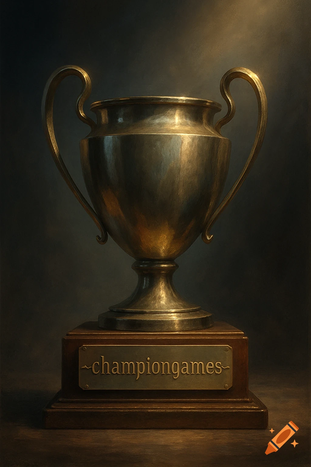 A photorealistic image of a golden bronze trophy on a wooden base, with a plaque engraved with 'championgames'.