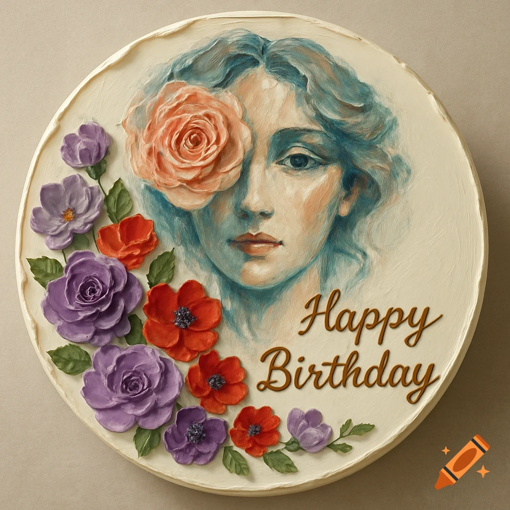 Round cake with an artistic portrait of a woman, a rose over her eye, surrounded by purple and red flowers, and 'Happy Birthday' text.