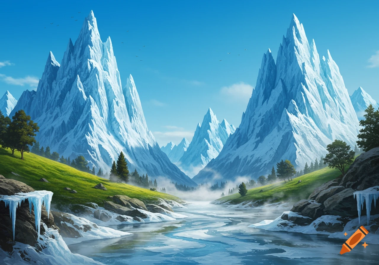 A vibrant mountain landscape with towering snow-capped peaks, green grassy hills, a winding icy river, and icicles.