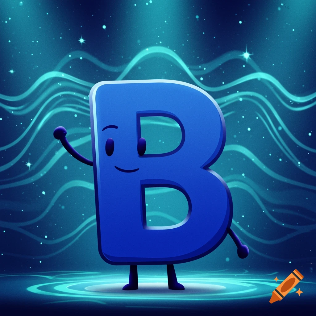 A friendly, cartoon blue letter B character with a happy face, arms, and legs, standing in a glowing blue, starry environment.