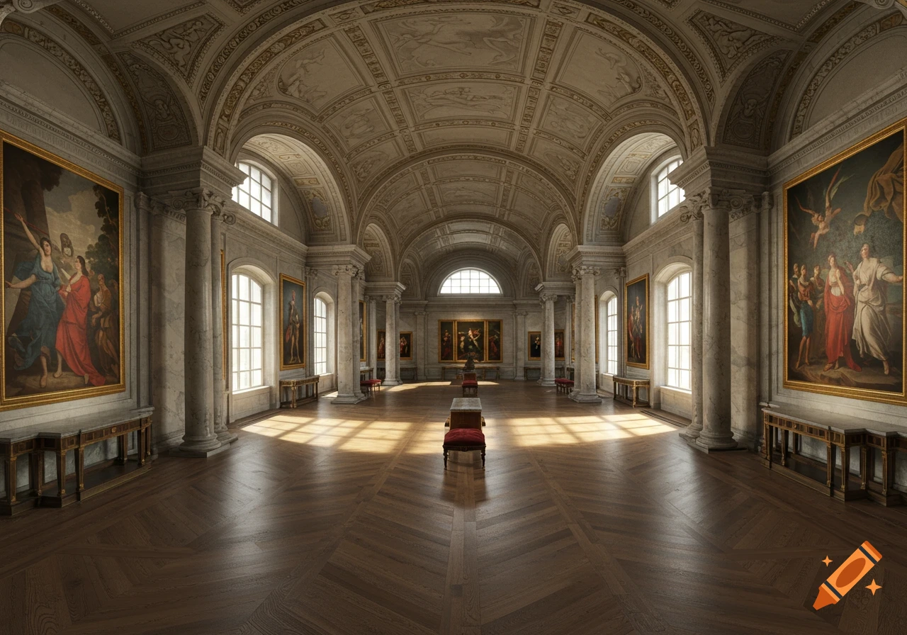 A grand, ornate art gallery with arched ceilings, large windows, and classical paintings, rendered with a fisheye lens.