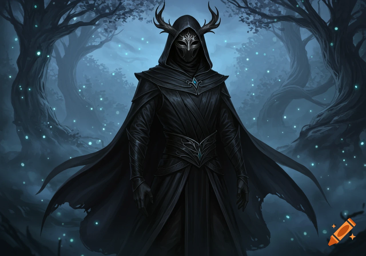 Dark fantasy art of a cloaked figure with a horned hood and ornate mask standing in a mystical, glowing forest.