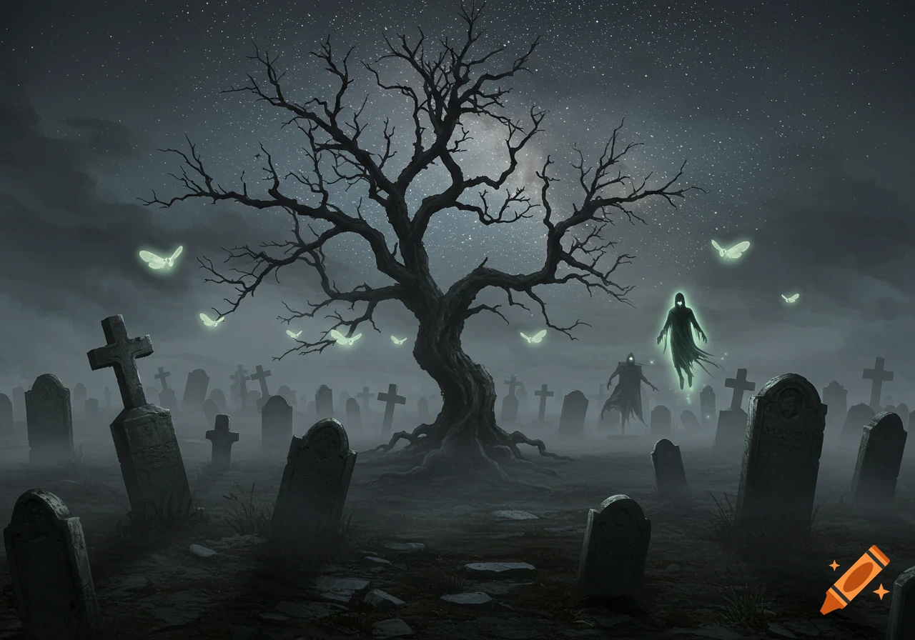 Misty graveyard at night with a gnarled dead tree, glowing moths, and two spectral, cloaked ghosts among the tombstones.