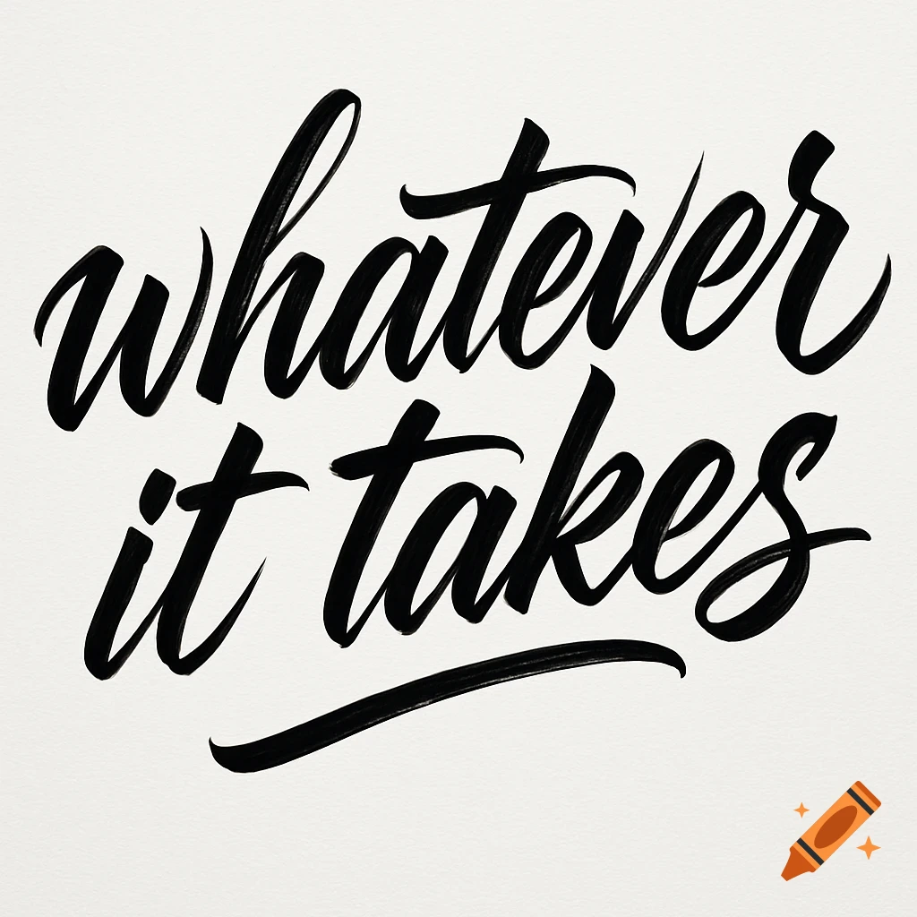 Black calligraphic text on a white background reading 'whatever it takes'.
