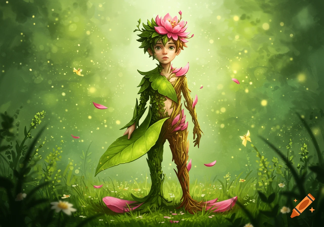 A child-like nature spirit with a green leaf costume, plant roots, and a pink flower crown stands in a magical forest.