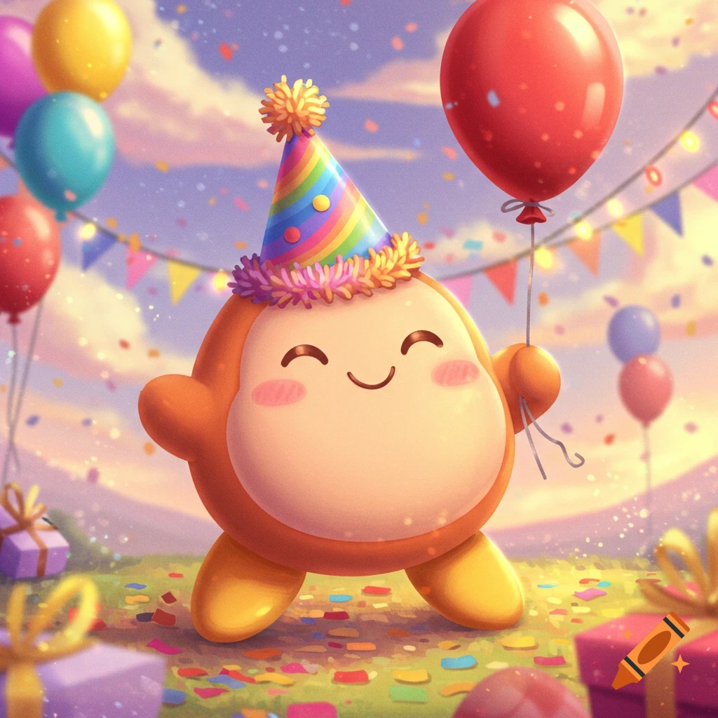 A cute Waddle Dee in a rainbow birthday hat smiles, holding a red balloon amidst confetti and presents in a whimsical field.