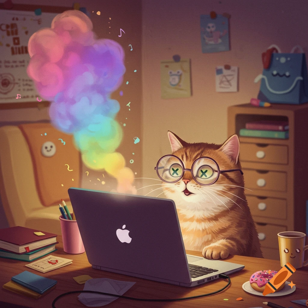 A cute cartoon ginger cat with glasses uses a laptop, with colorful magical smoke rising from the screen in a cozy room.