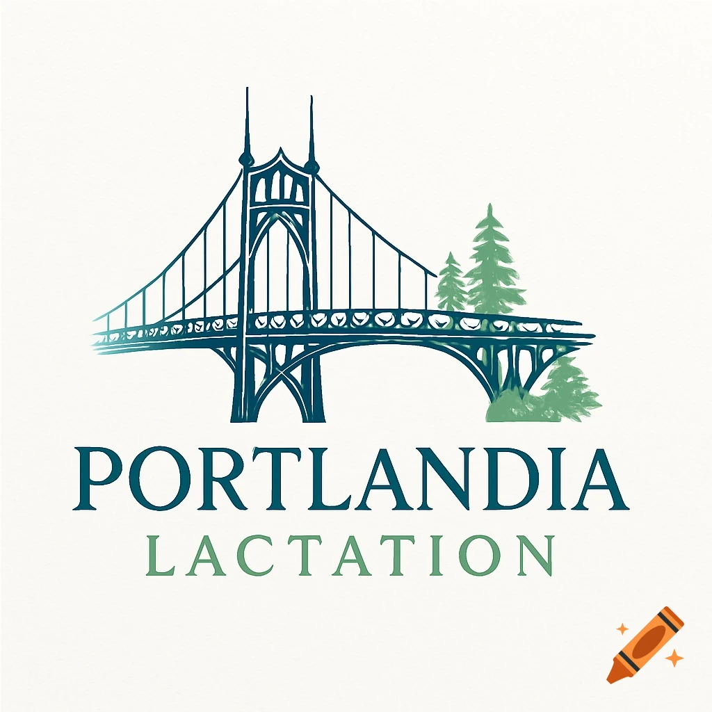A stylized logo featuring a blue suspension bridge and green pine trees, with the text "PORTLANDIA LACTATION" below.