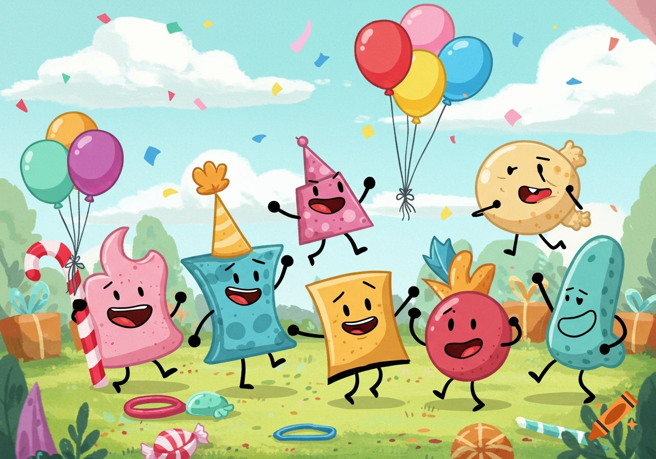 Colorful cartoon anthropomorphic objects celebrate in a park with balloons, confetti, and gifts.