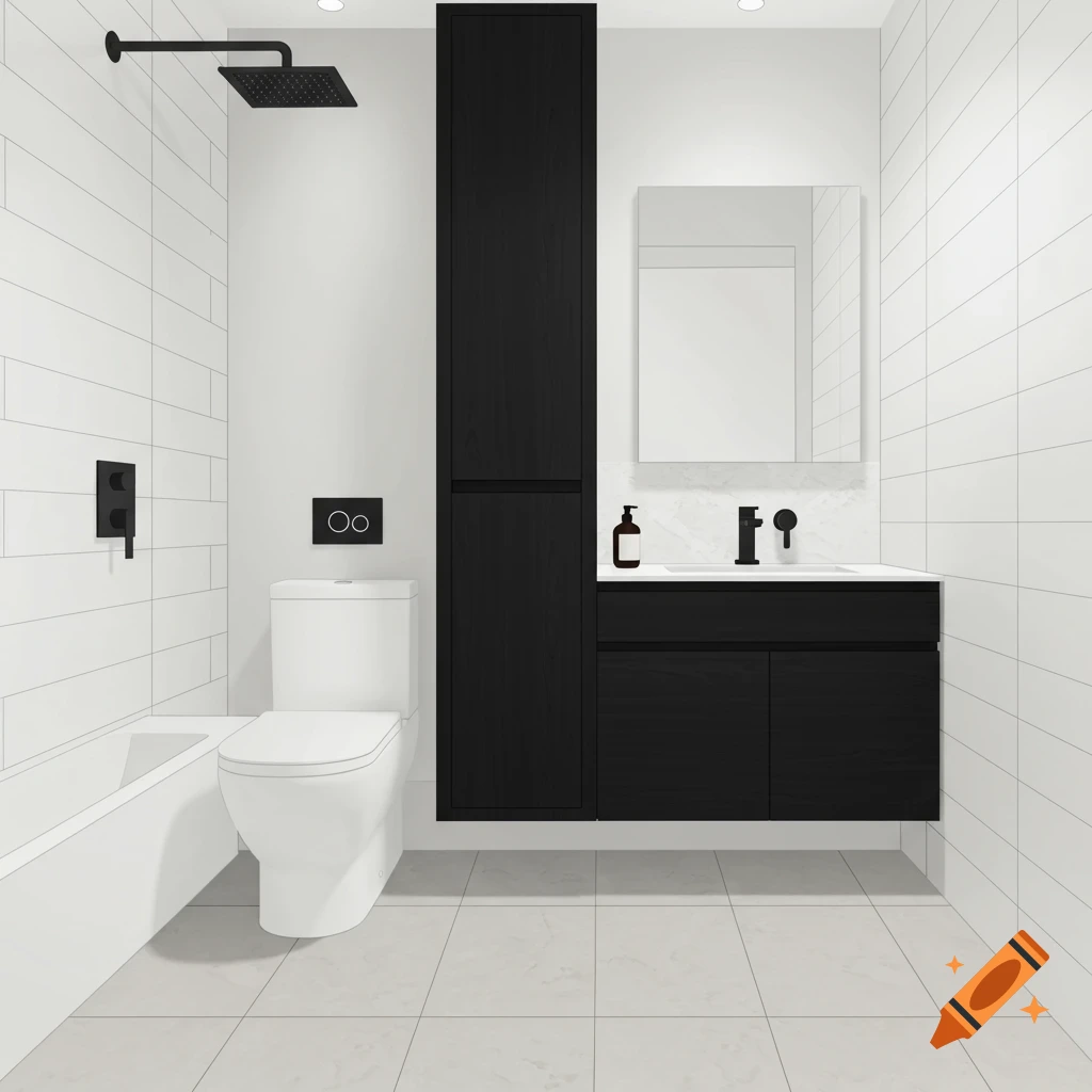 A modern bathroom featuring black maple cabinets, a white toilet and tub, ivory floor tiles, and black faucets and shower head.
