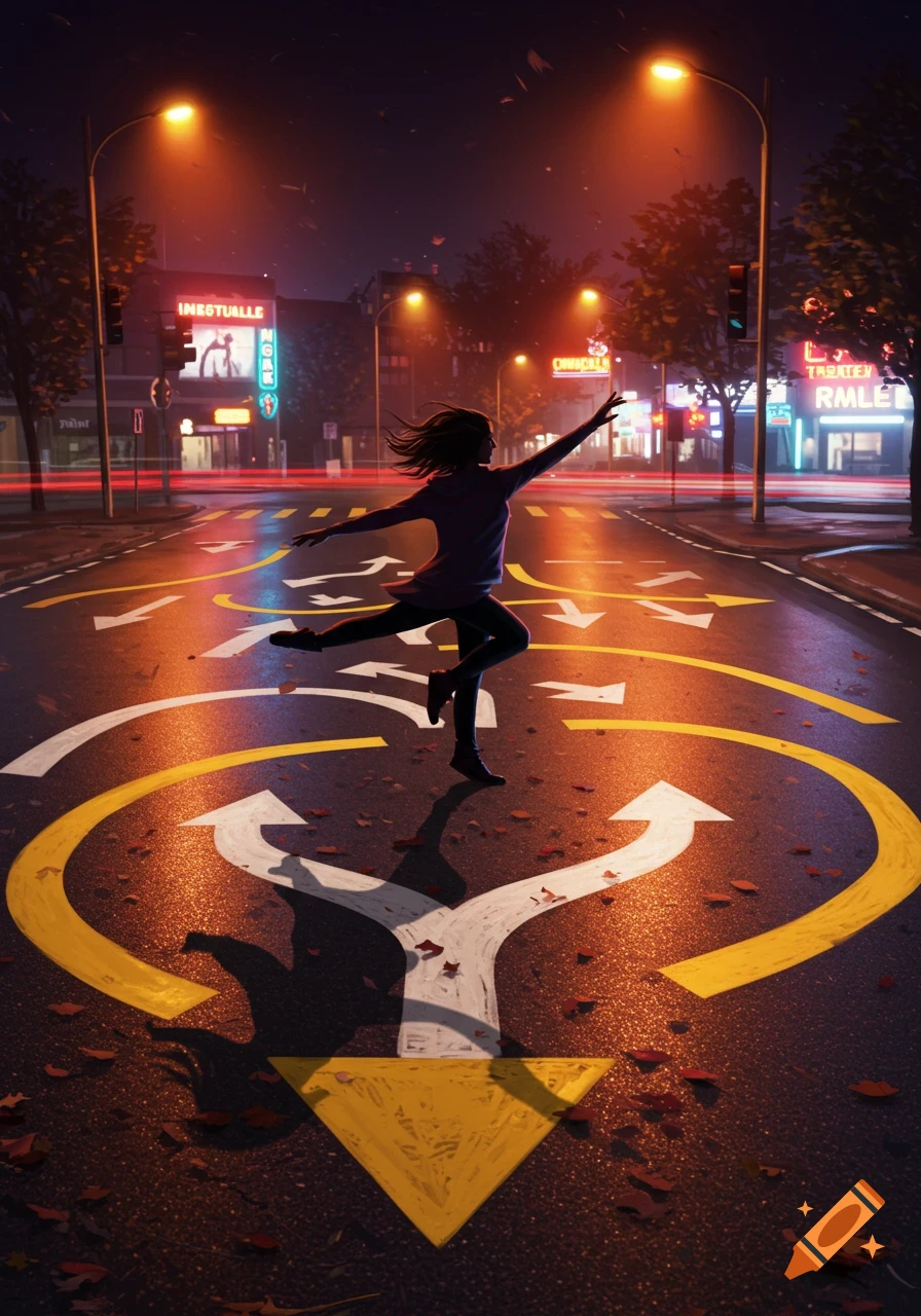 A person dancing on a wet city street at night, illuminated by streetlights and neon signs, with large yellow and white arrows painted on the road.