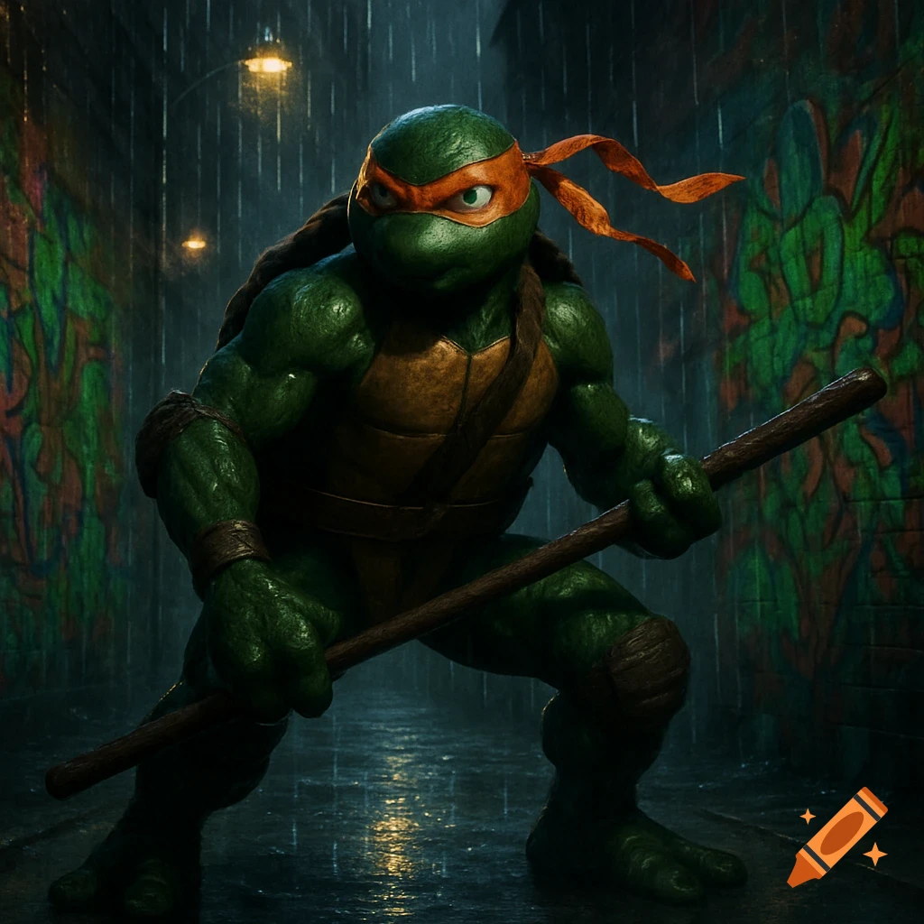 Michelangelo the Ninja Turtle stands in a dark, rainy alley with graffiti, holding a bo staff. Photorealistic style.