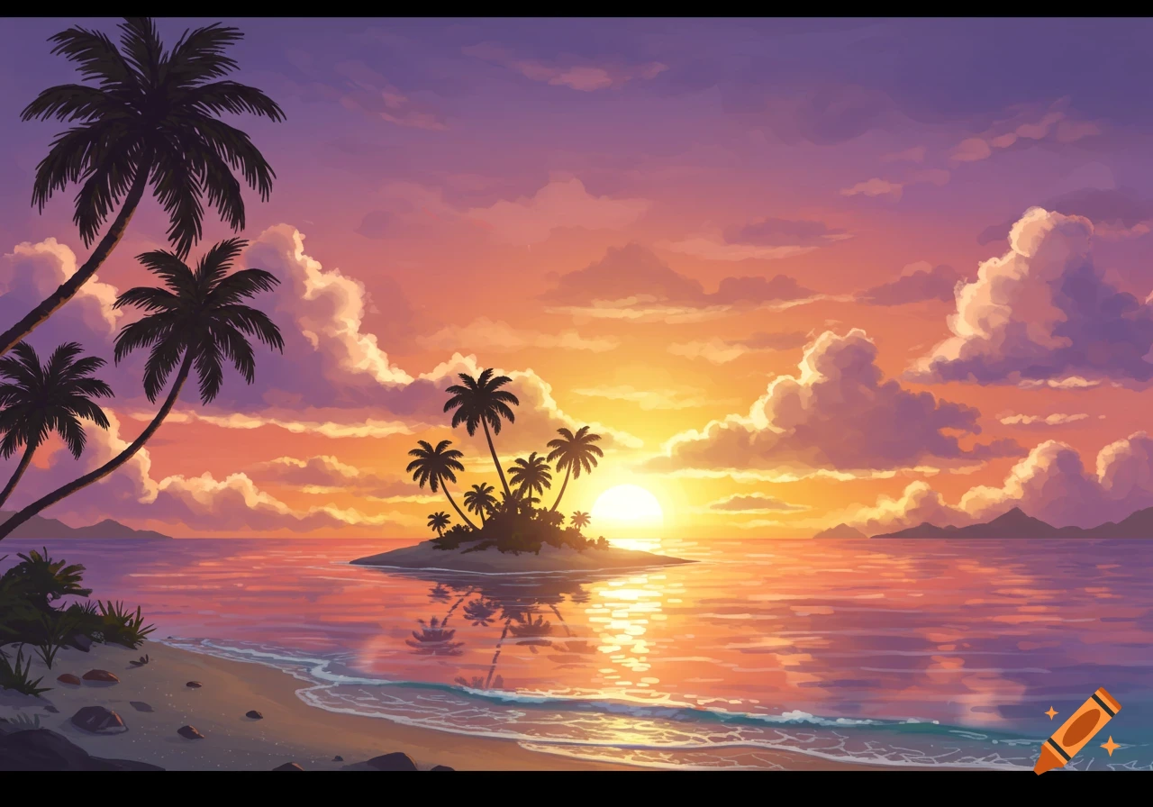 Vibrant stylized illustration of a tropical island sunset with palm trees, a sandy beach, and calm ocean.
