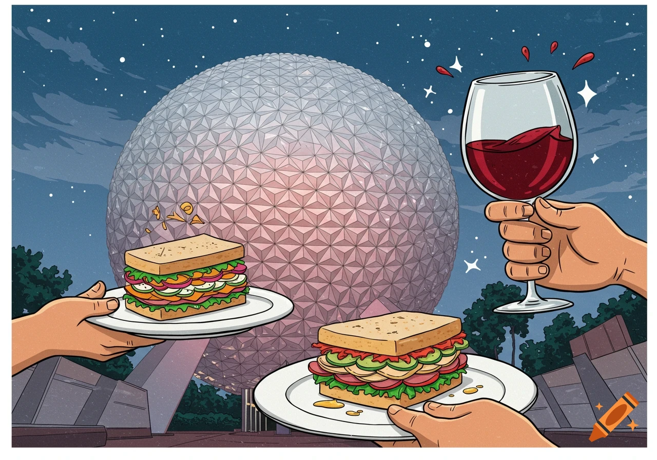 Cartoon image of two hands holding sandwiches, one hand holding red wine, with the Epcot sphere under a starry night sky.