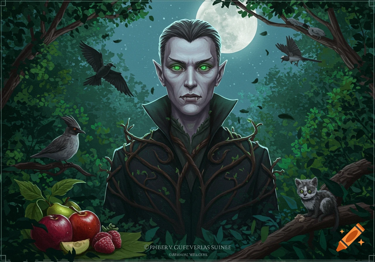 Illustrated fantasy art of a pale vampire with green eyes in a dark forest at night, surrounded by animals and fruit under a full moon.