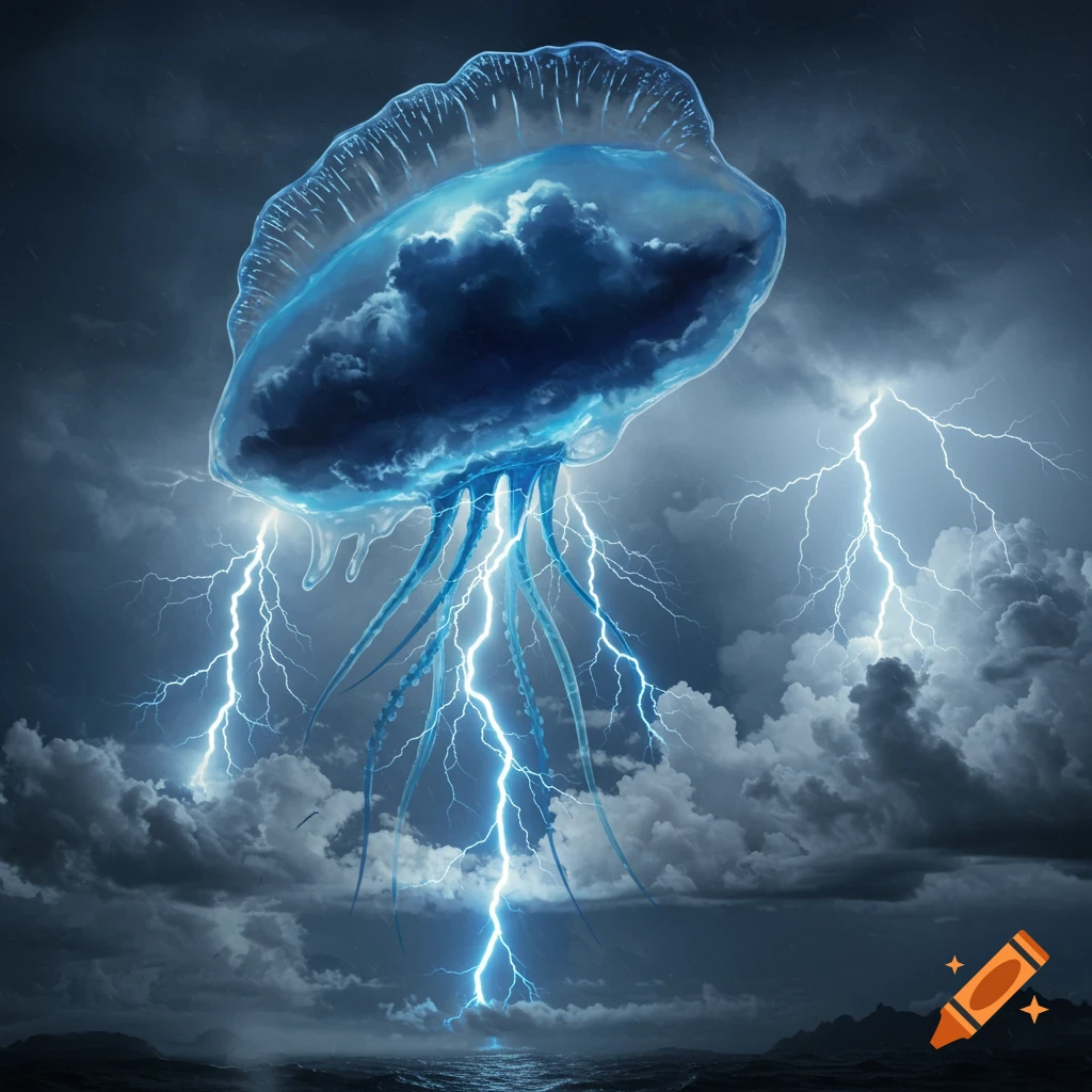 Giant bioluminescent jellyfish-like creature with storm clouds inside and lightning bolt tentacles, floats in a dark stormy sky above a turbulent sea.