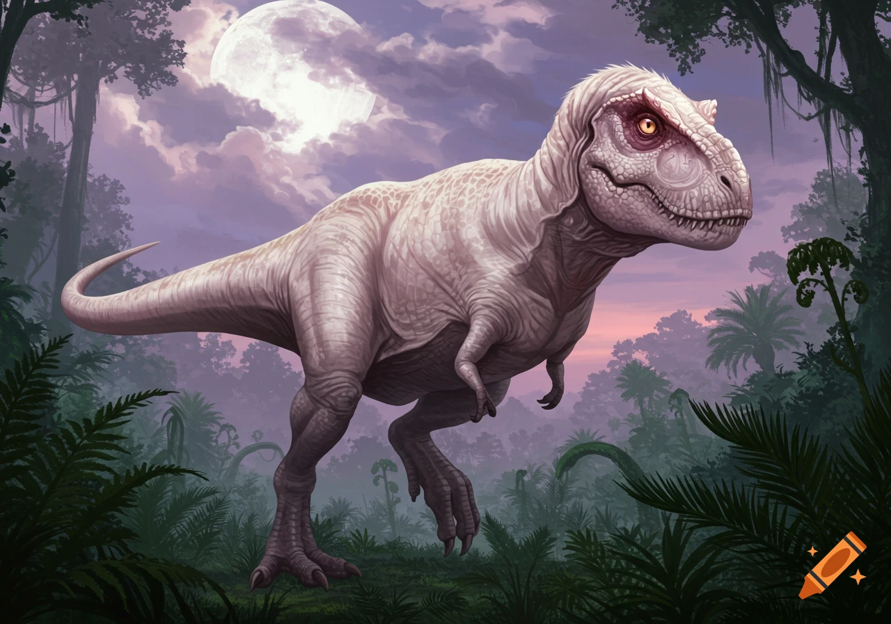 A majestic albino Tyrannosaurus Rex with glowing yellow eyes stands in a lush, moonlit prehistoric jungle, under a purple sky.