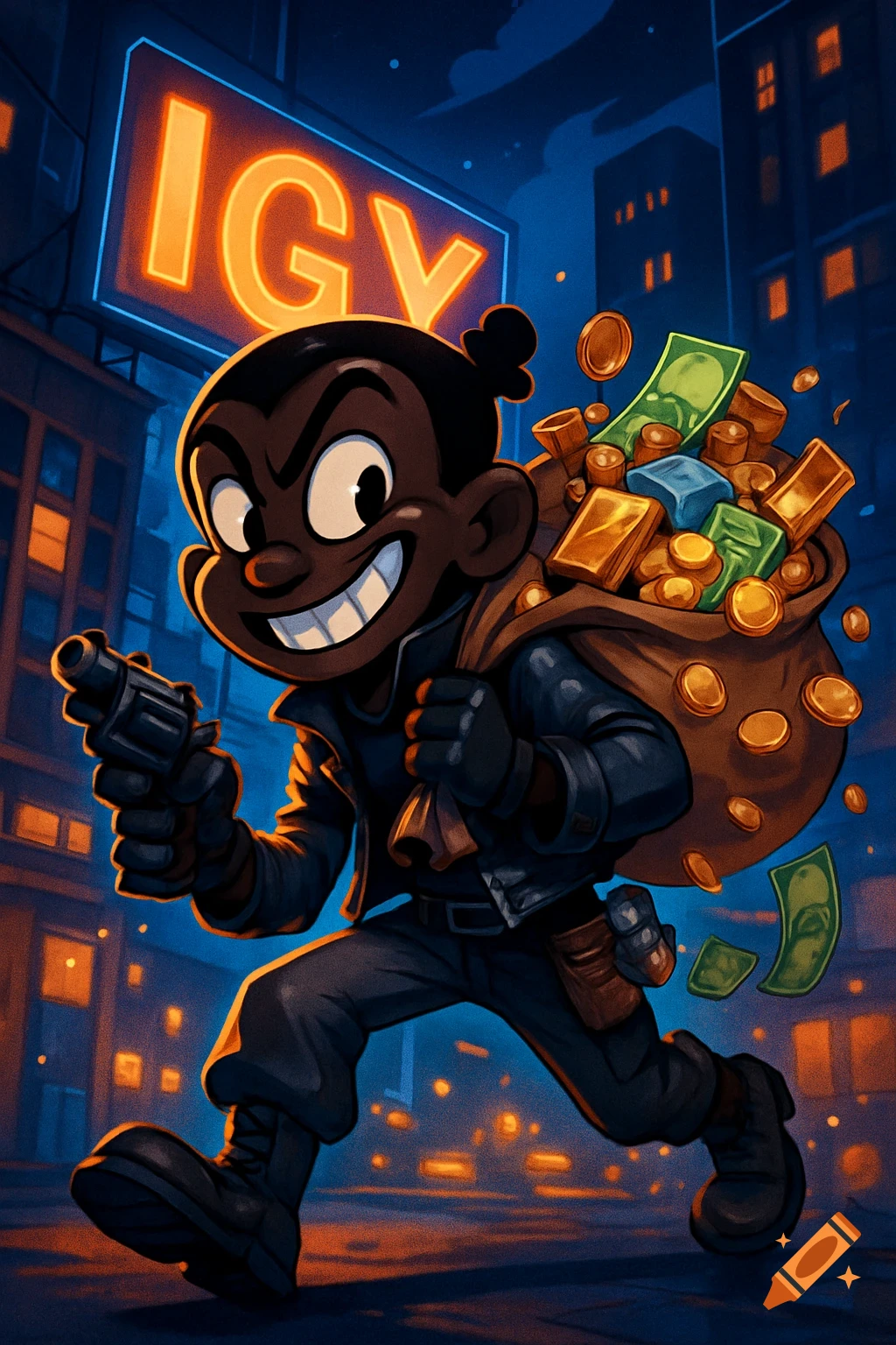 A grinning cartoon thief with a gun and a sack of stolen money runs through a city street at night, a neon 'IGY' sign in the background.