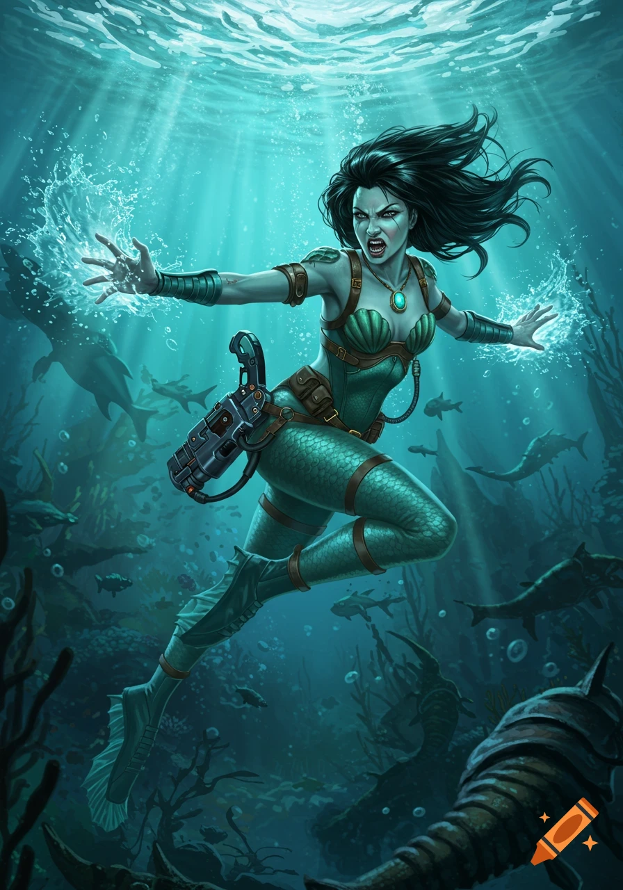 A fierce dark-haired woman in a green midpunk mermaid suit with a pistol, casting water magic in an intense underwater battle.