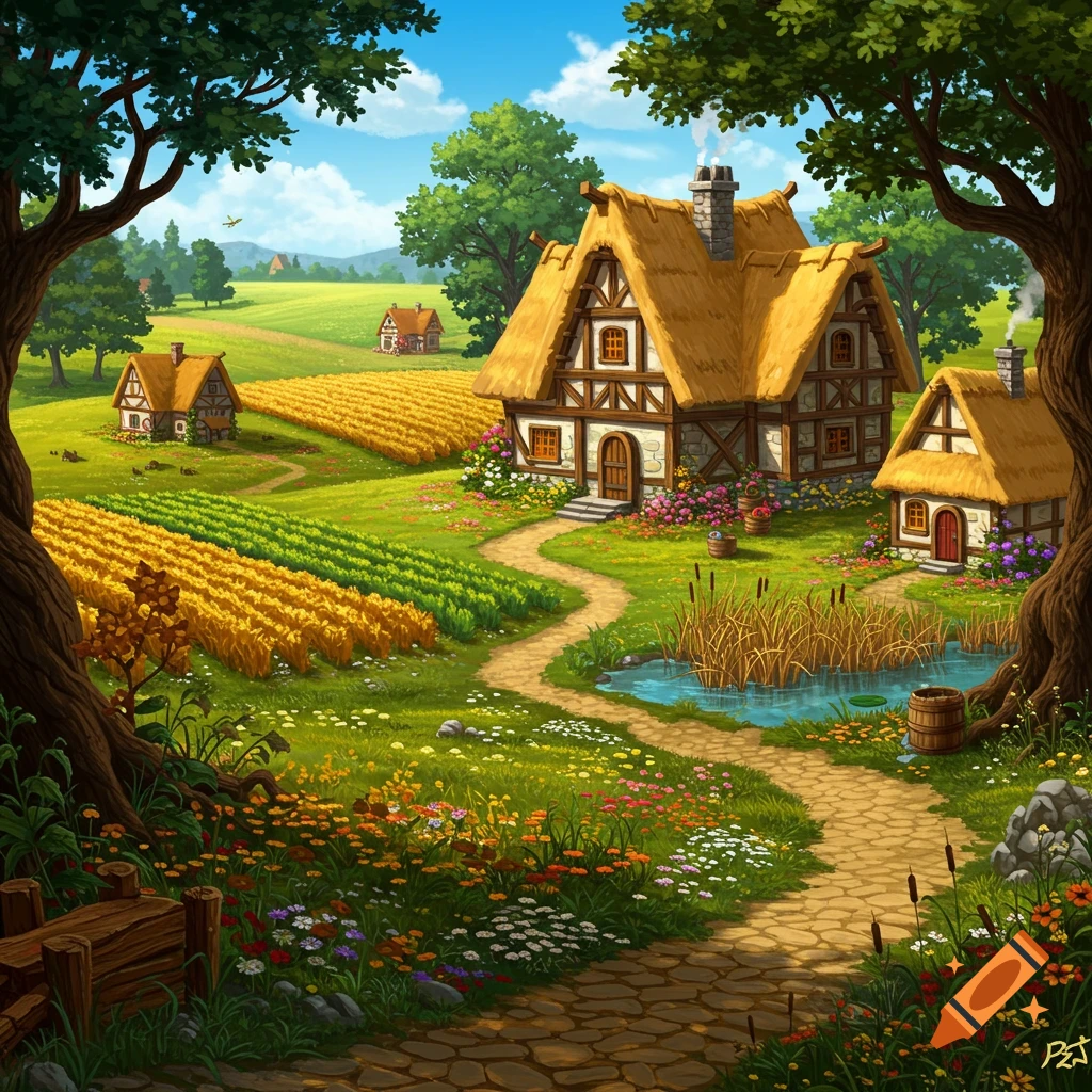 An idyllic, colorful illustrated fantasy village homestead nestled in rolling green hills with fields, a winding path, and a pond.